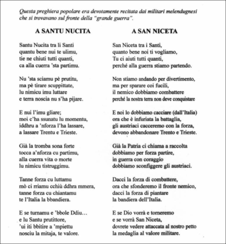 Questo testo digitalizzato offre la lettura dell’inno a San Niceta recitato in occasione della Festa Patronale celebrata in onore del Santo Niceta.
La Festa di San Niceta Goto Martire, istituita nel 1740, si celebra nei giorni 15 e 16 Settembre a Melendugno in provincia di Lecce. Il rito religioso parte nove giorni prima della Festa, con delle celebrazioni eucaristiche presso la chiesa Madre e in forma esclusiva viene celebrata la santa messa in rito bizantino presso l’Abbazia di San Niceta situata in Melendugno sin dal 1167, riconosciuta appunto come uno dei più importanti riferimenti storici del territorio. Il giorno della vigilia della Festa, come da tradizione pluricentenaria, al termine della Santa Messa, i fedeli accompagnati da un concerto bandistico, trasportano...
