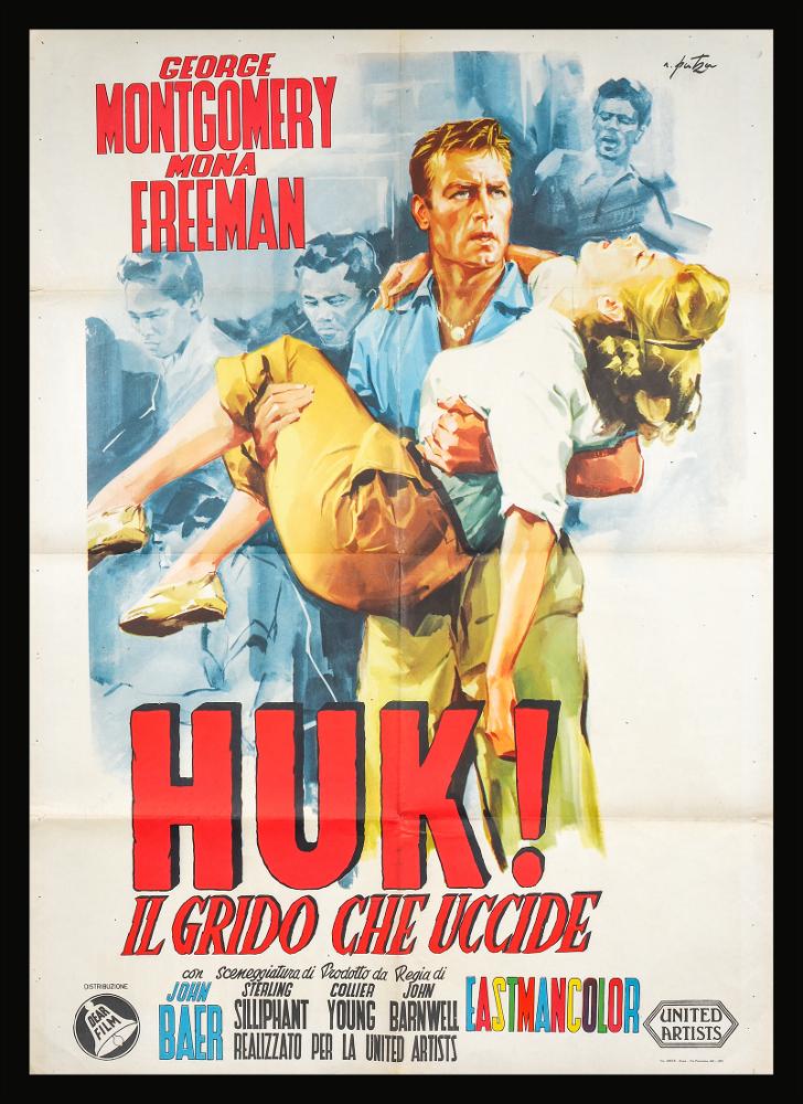 L'immagine riproduce uno dei manifesti conservati presso la Mediateca Regionale Pugliese (vedi Note). Si tratta di una delle due versioni grafiche per il manifesto del film “Huk! - Il grido che uccide” del 1956 per la regia di John Barnwell. La firma che si legge è dell’illustratore romano Arnaldo Putzu (A. Putzu) collaboratore di Enrico De Seta e dello studio Favalli. Lo stile di Putzu è spesso riconoscibile per la drammaticità del momento rappresentato, visibile nella scena in cui George Montgomery (Greg Dickson) tiene tra le braccia Mona Freeman (Cindy Rogers). I protagonisti sono caratterizzati da una intensa espressività dei volti, data da pennellate veloci e dinamiche e colori vividi. Lo sfondo è lasciato per lo più chiaro, arricchito da figure monocromatiche che ...