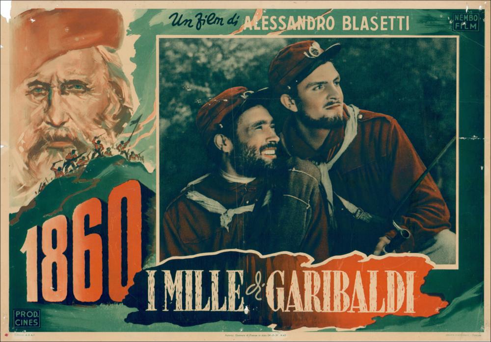 L'immagine è una riproduzione digitale del manifesto cinematografico del film “1860 - I Mille di Garibaldi”, prodotta in seguito all'evento "Cinema 150 anni. Mostra di manifesti d'epoca sul Risorgimento". La mostra, allestita negli spazi della Mediateca Regionale di Bari, è stata realizzata nel 2011 dall'Ufficio Attività culturali e audiovisivi, afferente al Servizio Cultura e Spettacolo della Regione Puglia, in occasione delle celebrazioni dei 150 anni dell'Unità d'Italia. Del film sono conservate una serie di fotobuste e una prestigiosa locandina dipinta dal famoso pittore, illustratore e grafico Angelo Cesselon. La fotobusta in oggetto presenta alcune piccole lacerazioni, ma questo non distoglie l'attenzione dalla scena centrale, tratta dal film, che riporta un bel r...