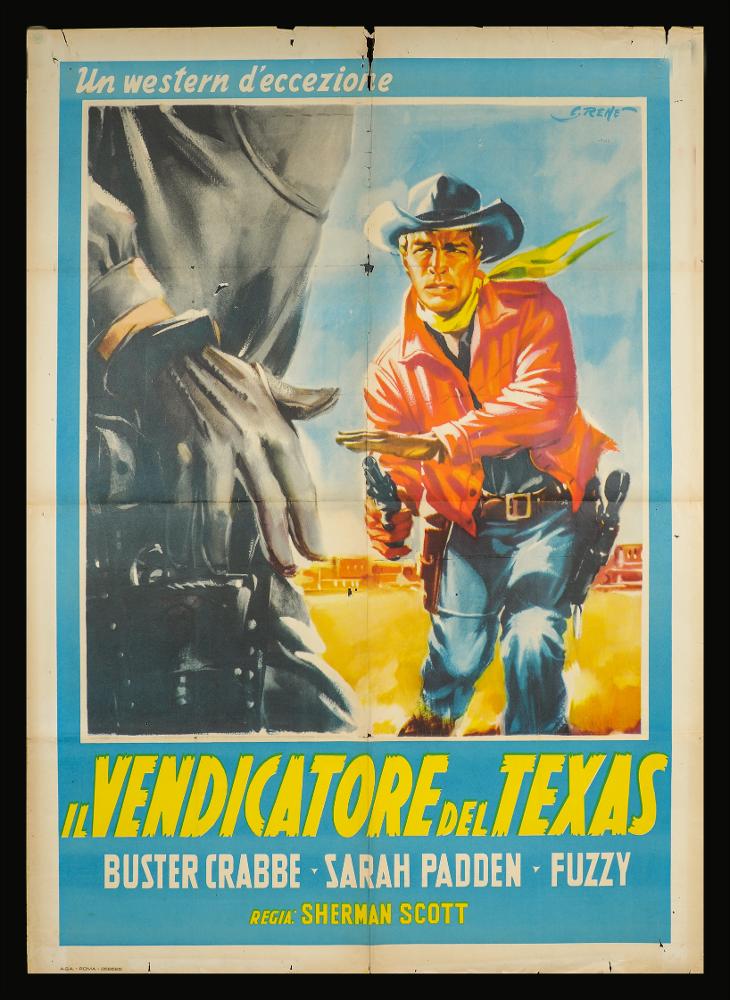 L'immagine riproduce uno dei manifesti conservati presso la Mediateca Regionale Pugliese (vedi Note). Si tratta di una delle versioni grafiche del manifesto del film western “Il vendicatore del Texas” del 1942 per la regia di Sam Newfield. La composizione grafica è  realizzata da Renato Casaro, tra i maggiori rappresentanti della grafica e del manifesto del secondo dopoguerra. Qui si firma C. René, nome d'arte utilizzato agli esordi che poi sostituirà con la ben più nota R. Casaro. L'artista fu ispirato dall'arte del noto pittore di cinema Angelo Cesselon ma è noto per essere stato un autodidatta che riuscì tuttavia ad acquisire competenze e abilità riconoscibili, come l’uso dell’aerografo e legami con le correnti surrealiste internazionali. Casaro qui sfrutta l'ampio s...