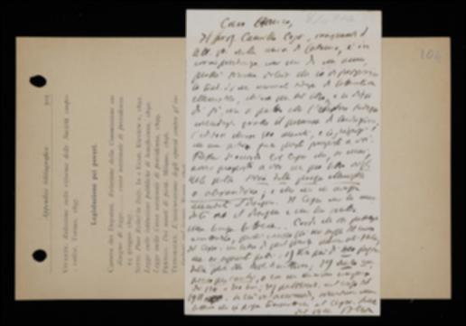 Nella cartolina, Benedetto Croce propone a Giovanni Laterza di pubblicare, a determinate condizioni, un volume di Camillo Cessi sulla storia della poesia ellenistica, da inserire nella “Biblioteca di cultura moderna”.