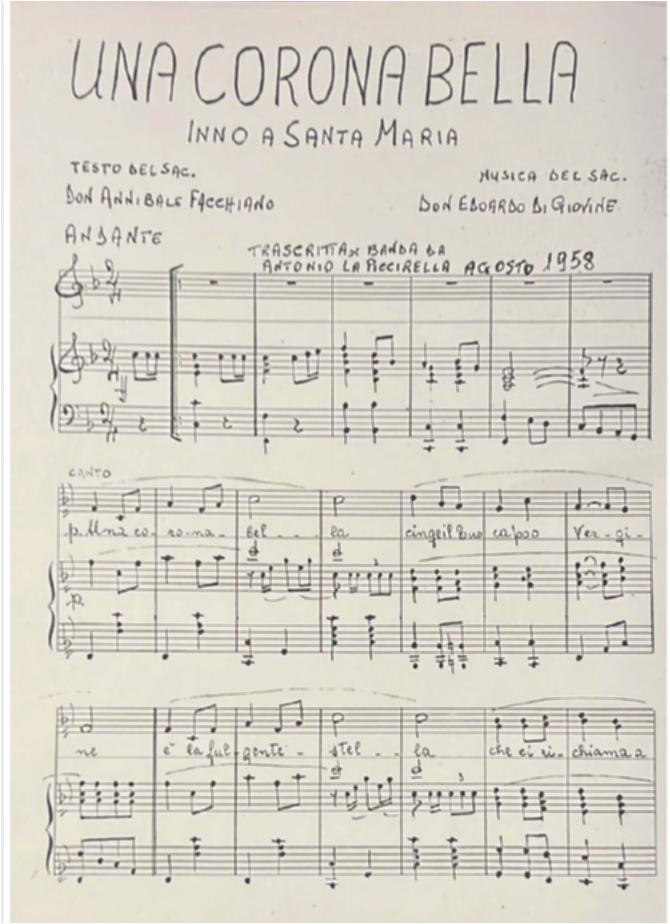 <div class="ql-editor"><div>L’audio offre l’ascolto dell’Inno "Una Corona bella", dedicato a Santa Maria Patrona di Lucera. La musica è di don Edoardo Di Giovine e il testo di don Annibale Facchiano.</div><div>Le feste patronali di Lucera (FG), celebrate dal 14 al 16 agosto in onore di Santa Maria Patrona, rappresentano il momento culminante della vita sociale, culturale e religiosa della città e costituiscono il più potente catalizzatore del suo senso di identità collettiva.</div><div>La festa si configura come un autentico sincretismo di devozione, folklore e tradizione, in cui sacro e profano si intrecciano armoniosamente: riti religiosi, solenni processioni, luminarie, concerti e spettacoli pirotecnici scandiscono tre gi...