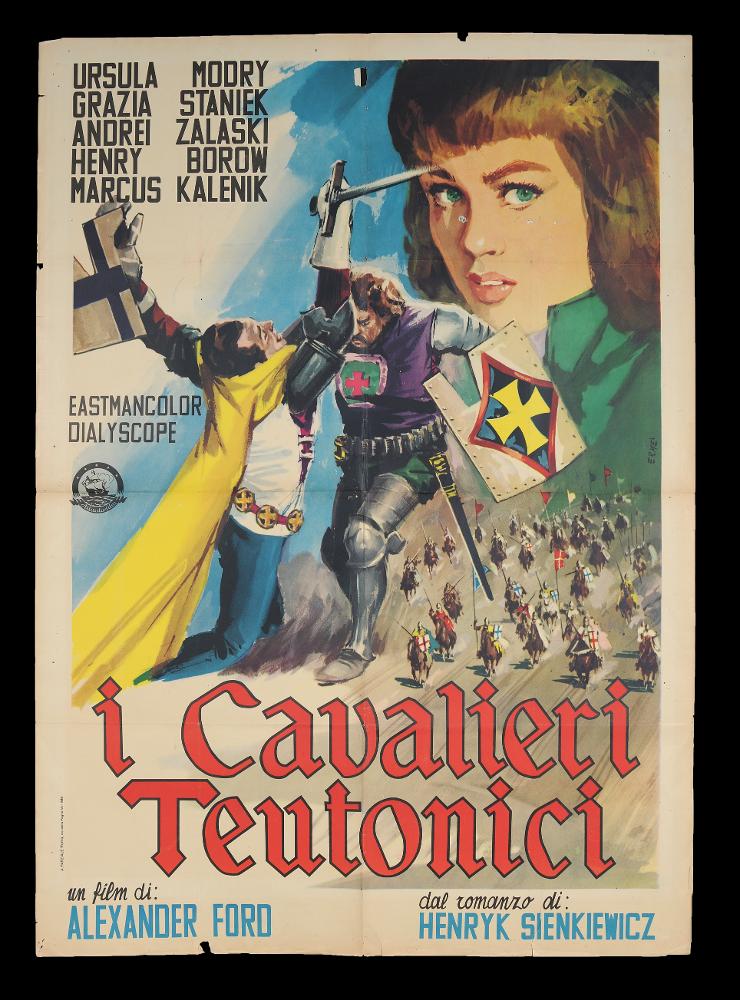 L'immagine riproduce uno dei manifesti conservati presso la Mediateca Regionale Pugliese (vedi Note). Si tratta della versione grafica del manifesto del film "I Cavalieri Teutonici", a firma di Ermè. Pittore sconosciuto ma dall'approccio stilistico illustrativo, per questo film storico realizza una composizione piuttosto tradizionale, in cui si sviluppano più momenti narrativi. L'artista sembra prediligere colori netti, a contrasto (giallo, verde, viola e rosso); sul fondo, astratto e colorato senza riferimenti precisi di luogo e tempo, realizza un bel ritratto femminile che riempie lo spazio compositivo, più avanti un momento di lotta tra un cavaliere teutonico e un polacco, sulla destra una scena più corale della battaglia di Grünwald. Tutto l'insieme è completato dal...