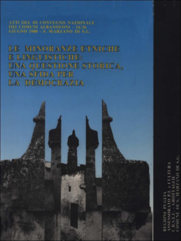Il volume è parte della grande raccolta denominata “Libri di Puglia”, progetto di digitalizzazione a cura di Nicola Pergola che ha lo scopo di rendere fruibile la produzione editoriale dei Centri regionali di servizi educativi e culturali e degli Assessorati alla cultura e alla Pubblica Istruzione della Regione Puglia, dal 1968 agli anni 2000. Il volume raccoglie gli atti del III Convegno Nazionale dei Comuni Albanofoni, tenuto a San Marzano di San Giuseppe nel giugno 1988. In una nutrita serie di interventi e relazioni vengono anzitutto dibattuti i problemi dell'etnia albanese in Italia, particolarmente presente a Torino, Milano, nel Salento, in Basilicata, Calabria e Sicilia: dalla lingua alla storia, dalla cultura arberesh ai riti religiosi greco-bizantini, alle migr...