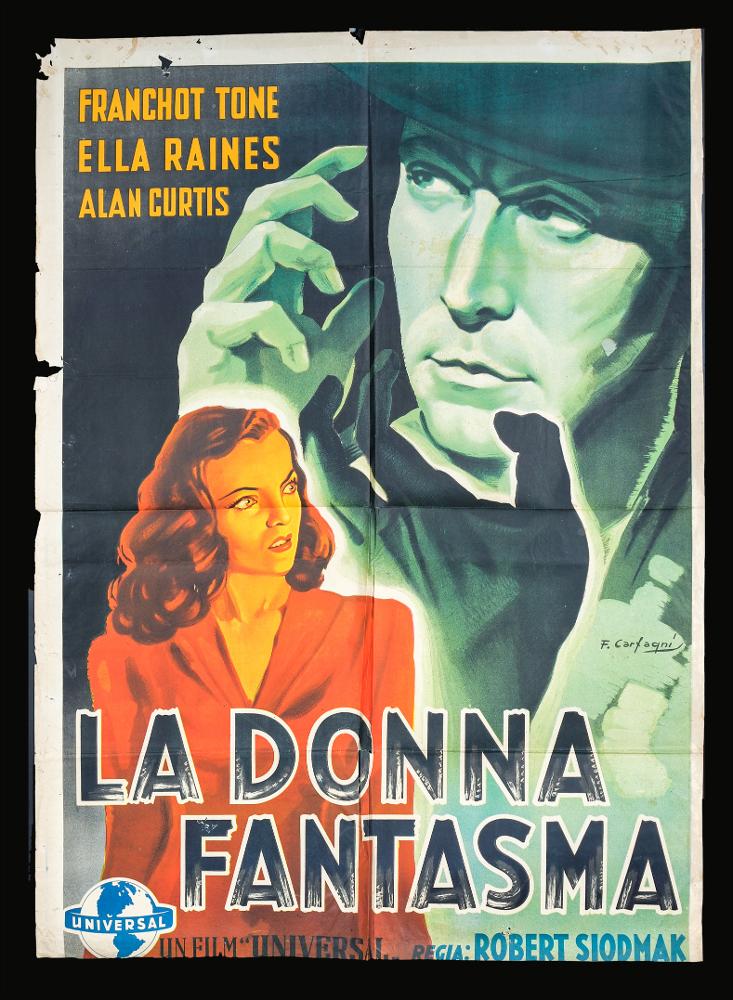 L'immagine riproduce uno dei manifesti conservati presso la Mediateca Regionale Pugliese (vedi Note). Si tratta di uno dei manifesti del film "La donna fantasma” del 1944 per la regia di Robert Siodmak. La firma dell'opera è dell’illustratore romano Carfagni Federico (Carfagni), attivo sicuramente a partire almeno dagli anni Quaranta. Si dedicò al cartellonismo nell’immediato dopoguerra divenendo uno dei maggiori disegnatori di cartelloni pubblicitari e per il cinema americano in Italia. In questa composizione Carfagni dà spazio alla rappresentazione dei due protagonisti, esaltandone i volti, con bellissimi giochi di luce. Colpisce l’uso di colori, che spiccano esaltando le figure con il contrasto del nero dello sfondo. Carfagni certamente si può far rientrare tra i pit...