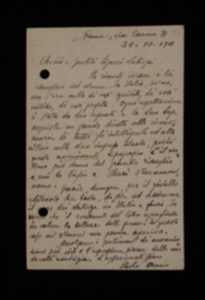 Nella cartolina, Paolo Orano comunica di aver ricevuto le tre copie inviate dall'editore e ne esalta la qualità della veste grafica definendo il prodotto "gioiello editoriale".