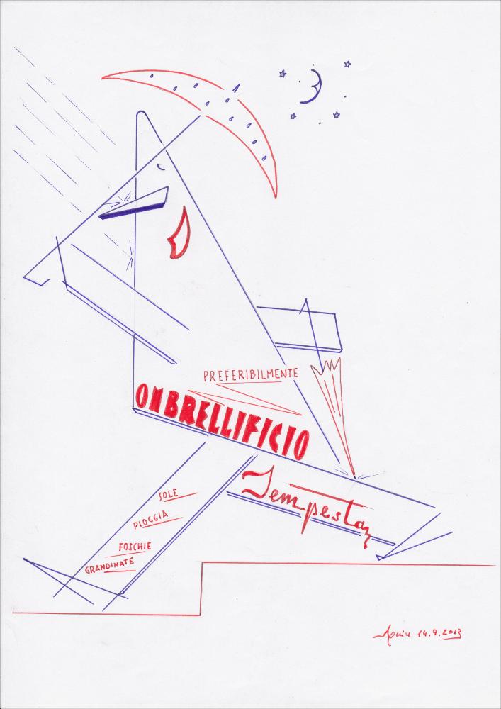 L'immagine digitale riproduce "Ombrelli Tempesta", una delle opere grafiche del pugliese Aguìn, nome d'arte dell'illustratore e artista Aguinaldo Perrone. Attualmente docente di Storia dell’illustrazione e della pubblicità presso l’Accademia di Belle Arti di Bari, realizza una serie di disegni a tratto pen studiando composizioni grafiche di campagne pubblicitarie per committenti e prodotti immaginari o reali. Le sue opere traggono ispirazione dalla cartellonistica pubblicitaria degli anni ‘30 e ‘40 del Novecento e dall’influenza del futurismo di Fortunato Depero, artista trentino tra i massimi esponenti dell'arte futurista sottoscrittore del Manifesto dell'arte pubblicitaria e di quello dell'Aeropittura. Tratto comune a tutte le opere è l’uso, su uno sfondo completament...