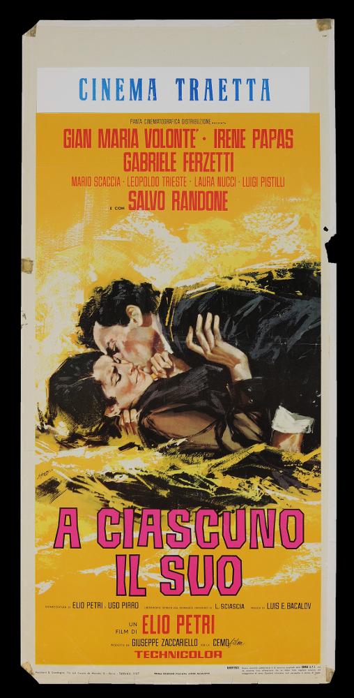 L'immagine riproduce uno dei manifesti conservati presso la Mediateca Regionale Pugliese (vedi Note). Si tratta della locandina realizzata per il film "A ciascuno il suo", a firma di Symeoni. Noto per essere uno dei pittori di cinema più prolifici, Sandro Symeoni si distinse per una grande pittoricità, un gusto originale basato sulla bellezza formale, soprattutto femminile, e più tardi per composizioni moderne basate su ritmi spezzati e drammatici. Realizzata alla metà degli anni '60 per questo film giallo italiano, l'illustrazione pittorica in oggetto si caratterizza per una dinamicità pittorica, data da pennellate gialle larghe e veloci, intense, che creano uno sfondo in cui i personaggi (notare il bel volto realistico dell'attrice Irene Papas) vengono quasi inglobati...