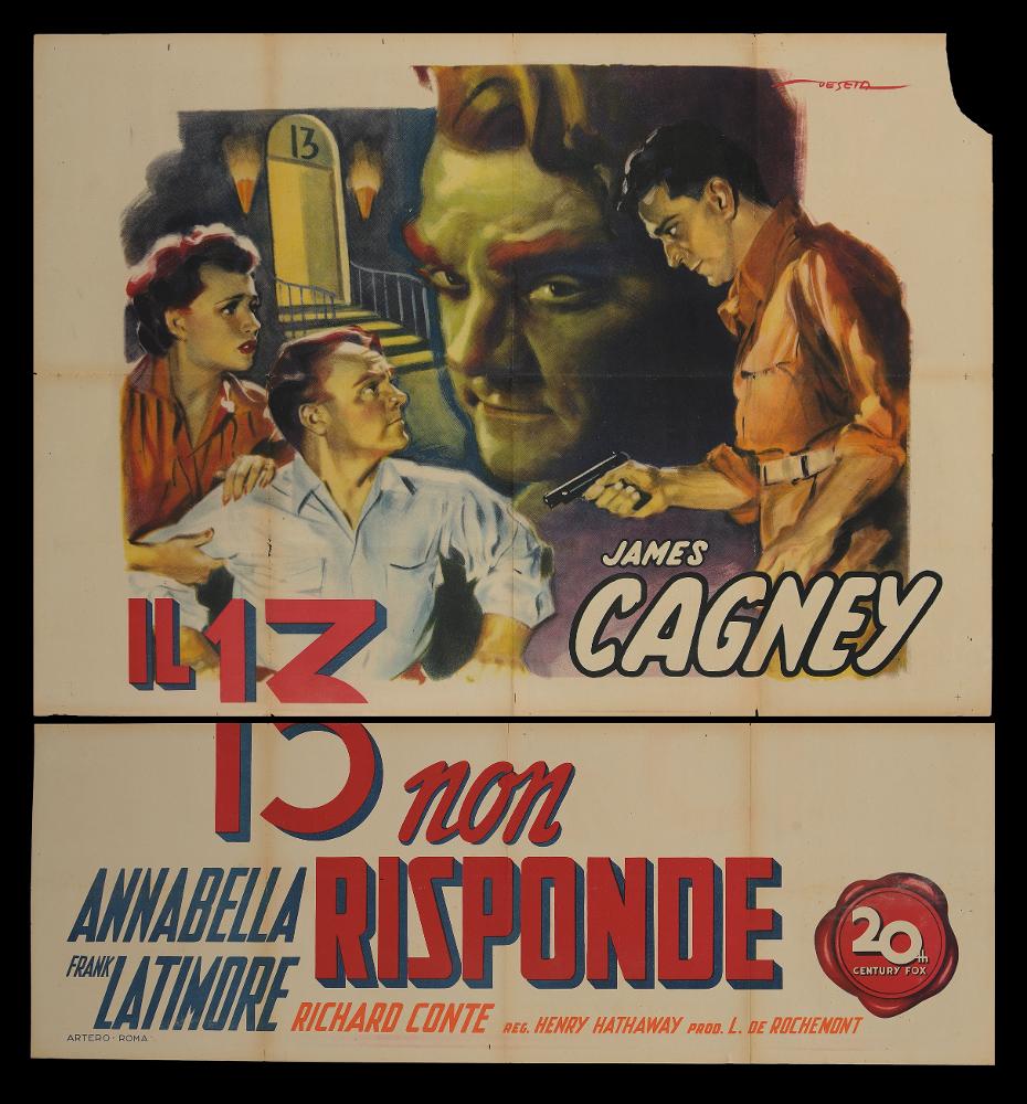 L'immagine riproduce uno dei manifesti conservati presso la Mediateca Regionale Pugliese (vedi Note). Si tratta di una delle versioni grafiche del manifesto del film “Il 13 non risponde” del 1947 per la regia di Henry Hathaway a firma Deseta (Enrico De Seta), disegnatore e pittore italiano, noto come fumettista per giornali satirico-umoristici e periodici per ragazzi e per la sua produzione di illustrazioni cinematografiche. Questo manifesto presenta delle misure molto rare, 140x150, quasi un quadrato. La parte inferiore ospita i dati tipografici quali il titolo, i nomi degli attori, i credits. Nella parte superiore invece ritroviamo la rappresentazione vera e propria della scena, una su primo livello, verosimilmente svolta al chiuso. Alle spalle un grande ritratto che ...