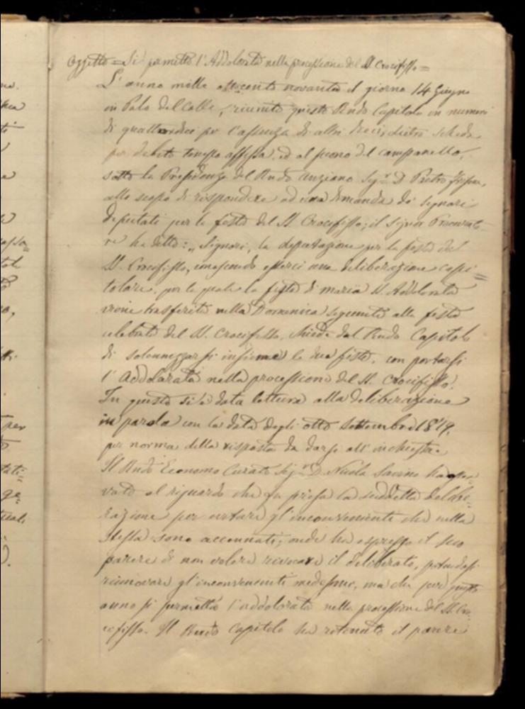 La digitalizzazione di questo documento storico offre una testimonianza che attesta la celebrazione della festa del SS Crocifisso nell’anno 1879.
La Festa Patronale del SS. Crocifisso di Auricarro, istituita nel 1853, si celebra in due momenti diversi, il 3 Maggio e la terza settimana di settembre a Palo del Colle (Bari). La Festa si caratterizza, dal punto di vista liturgico, con messe solenni e tre processioni con il simulacro del Crocifisso lungo le vie storiche del paese (il SS. Crocifisso viene portato in processione dalla Chiesa S. Maria La Porta alla chiesetta rupestre di Auricarro (dimora estiva) per benedire i campi e poi, a settembre, vi è il ritorno dell’effige nella Chiesa Matrice in Palo del Colle). Dal punto di vista comunitario e culturale, si organizzano...