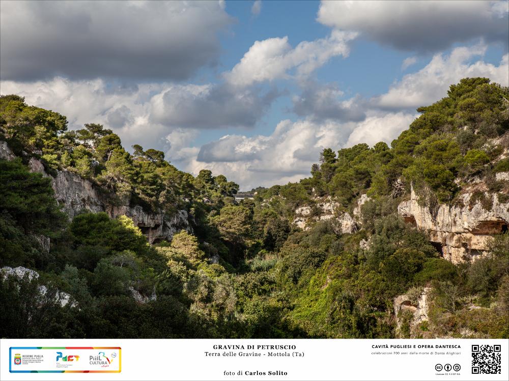 Protagonista dell’immagine la maestosa e lussureggiante gravina di Petruscio, che si estende per circa quattro chilometri da Nord a Sud nel territorio di Mottola.
Questa gravina ha ospitato nel tempo insediamenti abitativi particolarmente operosi e produttivi, soprattutto in età medievale. Un vero spettacolo naturale si snoda per una lunghezza di circa seicento metri: un vero e proprio alveare di grotte scavate su piani diversi nella tenera roccia della gravina.
Il villaggio doveva essere organizzato impeccabilmente e le numerosissime grotte artificiali fungevano da abitazioni, ripostigli, rifugi di animali e pastori, ma anche luoghi di culto, e necropoli.
L’immagine digitale fa parte della raccolta di fotografie prodotte da Carlos Solito per il Progetto digitale “Silla...