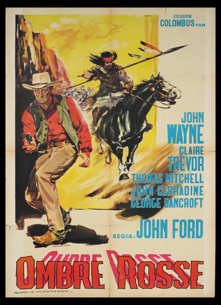 L'immagine riproduce uno dei manifesti conservati presso la Mediateca Regionale Pugliese (vedi Note). Si tratta di una delle versioni grafiche del manifesto di "Ombre rosse", noto film americano di fine anni '30. L'illustratore Morini firma questa composizione, molto descrittiva, con un unico momento narrativo affiancato dalle informazioni generali e dal titolo, che diventa parte integrante dello spazio visivo con quel gioco di ombre dall'effetto molto decorativo e significativo. Tutto l'insieme esalta l'ambientazione western del film, con in primo piano la figura del protagonista John Wayne, l'indiano a cavallo sulla destra e una panoramica sulla Monument Valley dove fu girato il film....