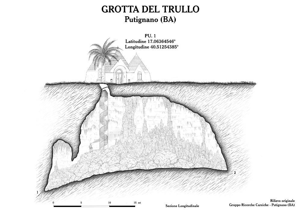 Questo rilievo topografico è la trasposizione in digitale di rilevamenti realizzati a seguito di importanti studi speleologici nelle grotte di Puglia. Sono materiale utile per lo studio e la ricerca, per comprendere al meglio la complessità delle articolazioni sotterranee di queste cavità naturali, con il fine della tutela e della salvaguardia del fenomeno carsico. 
Il documento fa parte della raccolta di rilievi topografici digitalizzati da Carlos Solito per il Progetto digitale “Sillabario sotterraneo – Viaggio dantesco nelle Grotte di Puglia” – realizzato nell’ambito della LEGGE REGIONALE 30 dicembre 2020 - art. 39 “Cavità pugliesi e opera dantesca - Celebrazioni 700 anni dalla morte di Dante Alighieri”.