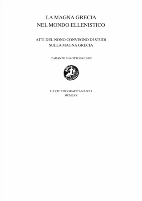Il volume digitalizzato contiene gli Atti del nono convegno di Studi sulla Magna Grecia, svoltosi a Taranto dal 5 al 10 ottobre 1969 e pubblicato a cura del Centro Studi della Magna Grecia dell'Università di Napoli e dell'Ente provinciale per il turismo di Taranto. Il dibattito del nono incontro pose l'attenzione sulla Magna Grecia durante l'Ellenismo, un tema piuttosto particolare visto che gli studi in precedenza si erano sempre concentrati sulla storia e la cultura magno greca nei periodi arcaico e classico. Tra il 323 e il 31 a.C. l'arte ellenistica fu solo un aspetto di quella civiltà. Bianchi Bandinelli aprì il convegno infatti ponendo l'accento sulle vicende storiche che segnarono l'epoca ellenistica: le conquiste di Alessandro il Macedone, la battaglia di Isso, ...