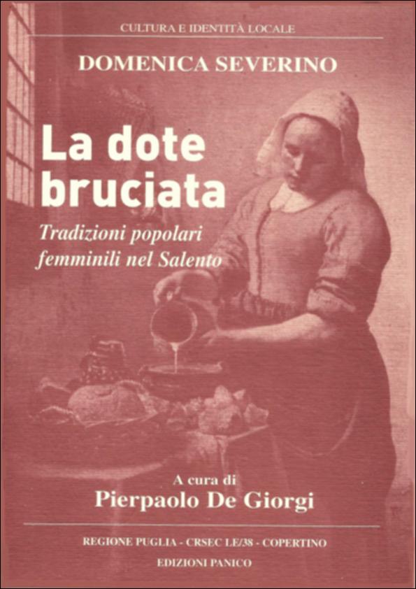 Il volume “La dote bruciata” è parte della grande raccolta denominata “Libri di Puglia”, progetto di digitalizzazione a cura di Nicola Pergola che ha lo scopo di rendere fruibile la produzione editoriale dei Centri regionali di servizi educativi e culturali e degli Assessorati alla cultura e alla Pubblica Istruzione della Regione Puglia, dal 1968 agli anni 2000. Una prefazione del curatore, e un ritratto dell'autrice delineato da Giuseppe Ciulla, introducono cinque racconti-saggi della scrittrice di Copertino. "Le quattro coperte giallo-pulcino" raccontano le vicende legate alla dote matrimoniale, assente, insufficiente, o troppo ambita; "Dai pannolini agli assorbenti" rievoca il periodo della fecondità femminile, in genere mal tollerato dalle matrigne; "La dote bruciat...