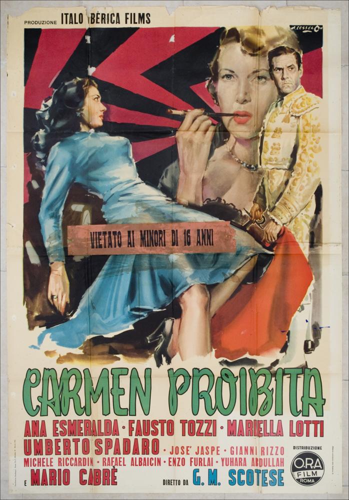L'immagine riproduce uno dei manifesti conservati presso la Mediateca Regionale Pugliese, esaminati in "Cinema al muro: Angelo Cesselon" (vedi Note). Osservando il manifesto risulta difficile comprendere la trama del film. Ciò che appare chiaramente è l'ambientazione spagnola che fa da sfondo all'intera vicenda narrata. Carmen, la bella gitana e ballerina di flamenco, viene ritratta dall'artista veneto, nell'ambito dello stesso manifesto, per ben due volte in pose ed atteggiamenti differenti. Nell'estrema sinistra la donna viene rappresentata per intero con abito azzurro che ne sottolinea le forme sinuose. I capelli lunghi sono lasciati sciolti e lo sguardo è rivolto verso la sua stessa immagine in primo piano. Cesselon ritrae questa figura mentre cade, movimento dovuto...