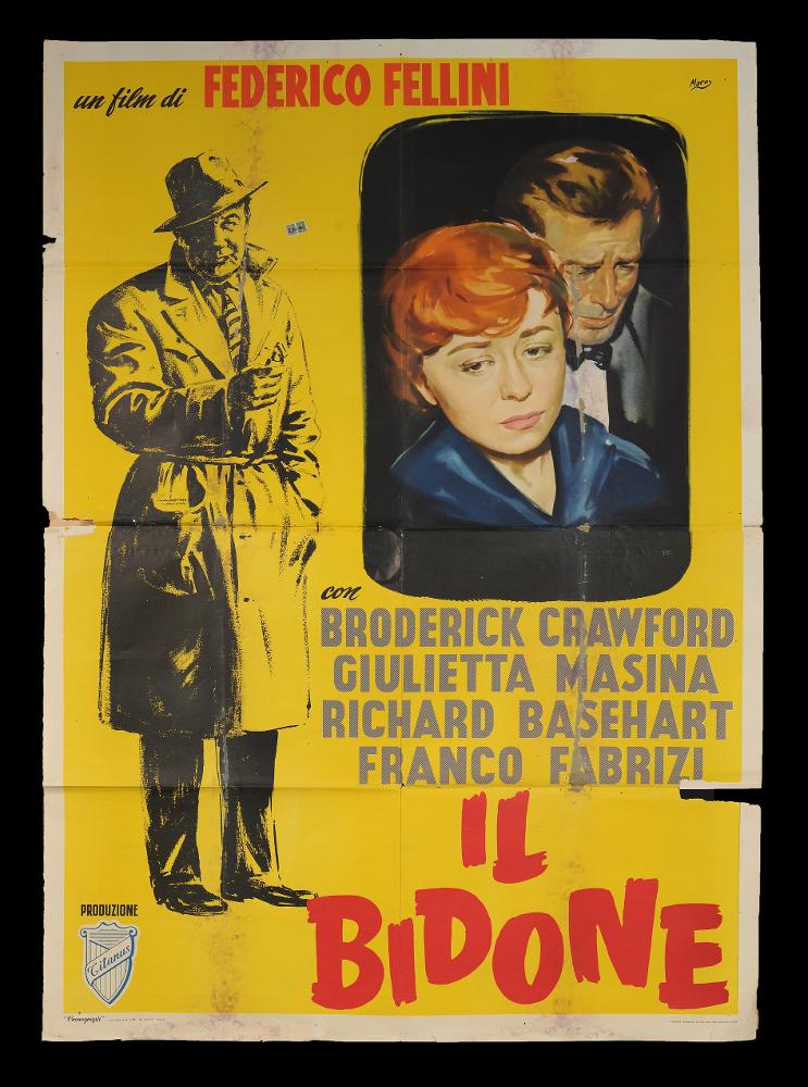 L'immagine riproduce uno dei manifesti conservati presso la Mediateca Regionale Pugliese (vedi Note). Si tratta del manifesto del film "Il bidone", la cui illustrazione è a firma di Maro, nome d'arte di Mauro Otello Innocenti. Ligure di origine, Maro si trasferisce a Roma per intraprendere la carriera di pittore di cinema come molti, tra cui il collega Silvano Campeggi (Nano), conosciuto a Firenze. Negli anni '60 realizza opere grafiche per celebri film italiani come La ciociara, Rocco e i suoi fratelli, Il sorpasso, Estate violenta. Tocchi di colore veloci e dinamici contraddistinguono i suoi lavori, ma ancor di più il senso grafico, il lettering (che spesso realizza personalmente) che diventano parte integrante dei manifesti. Per "Il bidone" infatti realizza un grande...