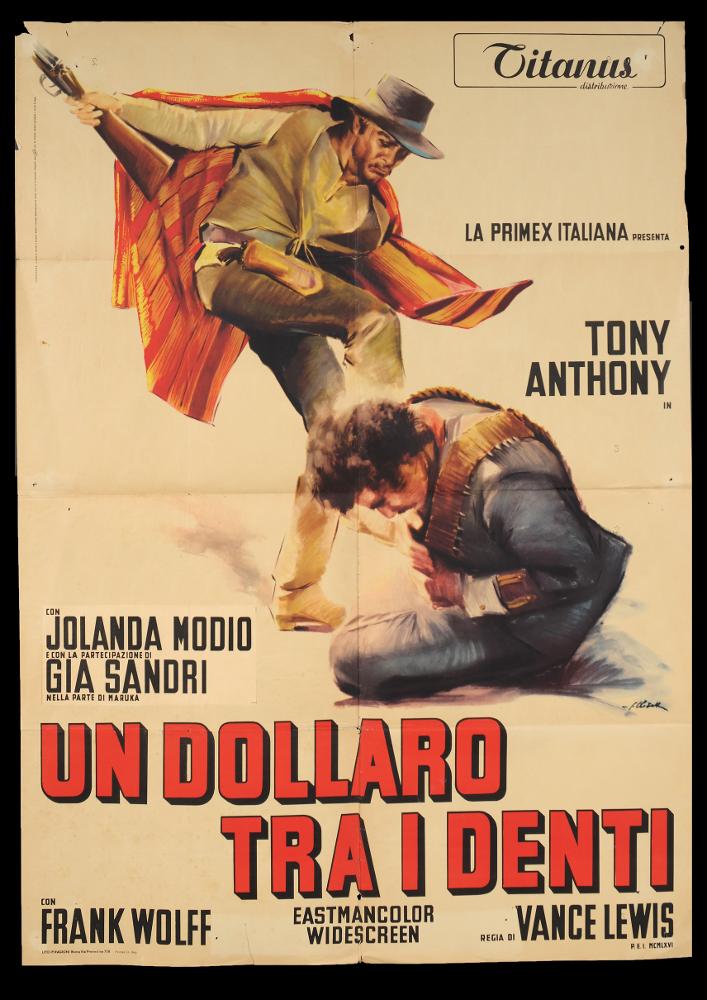 L'immagine riproduce uno dei manifesti conservati presso la Mediateca Regionale Pugliese (vedi Note). Si tratta di una delle versioni grafiche del manifesto di "Un dollaro tra i denti", film western italiano degli anni '60. La bella composizione è ad opera di Giorgio Olivetti, pittore di cinema, classe 1908, che si differenziò caratterizzando le sue prime opere con uno stile morbido, sfumato, fatto di acquerelli delicati che rendono il volume anche grazie ad un uso sapiente dei chiaroscuri. Modernità ed eleganza contraddistinguono questo manifesto in cui l'ambientazione western è chiara nei costumi e negli atteggiamenti dei protagonisti, mentre lo sfondo è completamente bianco, una scelta visiva molto usata nei manifesti di quegli anni. Olivetti usa colori caldi, tratti...