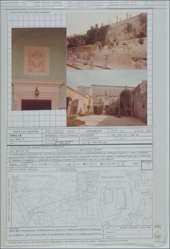 La scheda in oggetto è parte del volume “Censimento delle opere fortificate in Puglia”, risultato dell'attività promossa dalla Regione Puglia tra il 1981 e il 1982, per individuare e descrivere le principali costruzioni in muratura presenti nel territorio. Composta da due fogli sciolti, è redatta da Gloria Valente nel settembre 1981. Il Palazzo ducale dei Basurto è situato a Sanarica in provincia di Lecce, nel centro storico. La costruzione risale al XVI secolo, sorgendo sui resti di un antico maniero del XII secolo. La struttura fortificata si sviluppa secondo una planimetria pressoché rettangolare con volumi separati e di diverse altezze ed è circondato da imponenti mura di cinta e fossato. Il prospetto principale intonacato é interrotto da due scale lineari che conse...