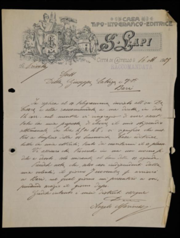 Nella lettera Angelo Marinelli comunica a Laterza di aver ricevuto la missiva con cui viene accettato il trattamento economico richiesto e annuncia la sua pronta partenza per Bari.