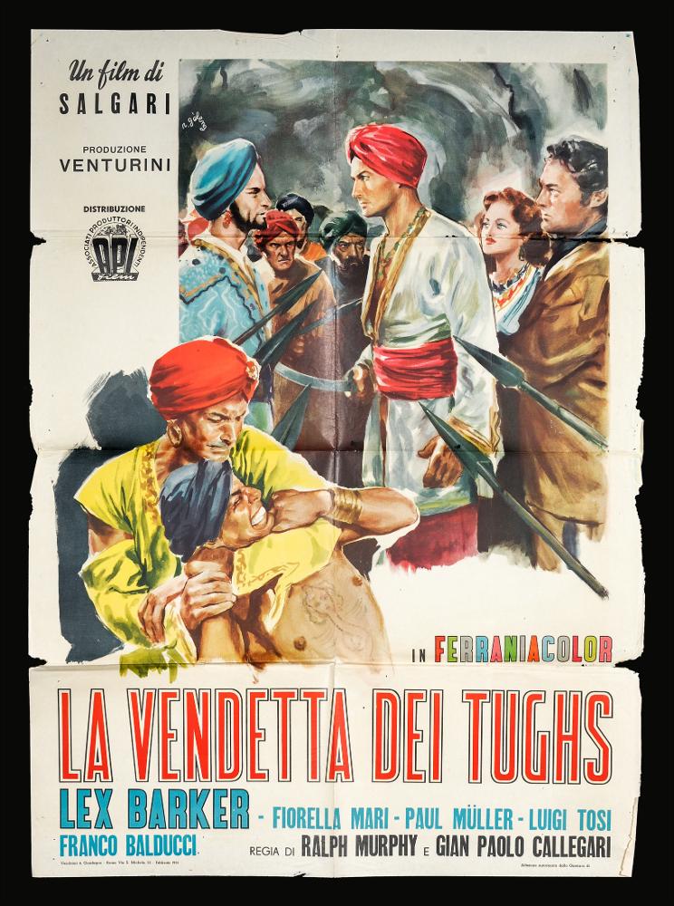 “La vendetta dei Tughs” è un film italiano del 1954 diretto da Gian Paolo Callegari e Ralph Murphy.
È il seguito de “I misteri della jungla nera”, uscito lo stesso anno. Tra gli interpreti principali ricordiamo Lex Barker, Fiorella Mari, Paul Muller, Luigi Tosi.
Il manifesto cinematografico è firmato dal celebre Rinaldo Gèleng, artista romano eclettico che intraprende la sua carriera grafica e pittorica negli anni ’40, per lavorare anche a Parigi nel decennio successivo, e poi tornare a Roma. Il manifesto si caratterizza per la vivacità dei colori che regalano intensità alla scena raffigurata. Le pennellate rapide denotano una tecnica fresca e pittorica. In quest’immagine spiccano prepotentemente anche le sue doti da grande ritrattista.
Il manifesto originale è conserva...