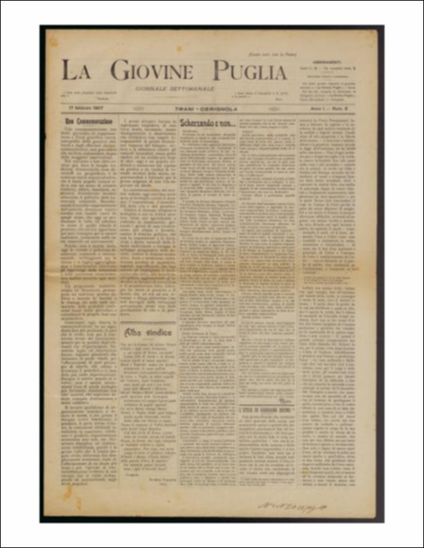 Il documento è parte della collezione del fondo libri digitalizzati della Biblioteca provinciale La Magna Capitana di Foggia, comprendente alcune monografie di diversi secoli e periodici del Novecento. Nello specifico si tratta del num. 8 dell'anno I de “La Giovine Puglia. Giornale socialista settimanale” del 17 febbraio 1907. Il settimanale comincia con una analisi sul lavoro. La riflessione, profonda, è sul buon esito delle battaglie che cominciarono a destare le masse lavoratrici, "a cui prima il bisogno aveva fossilizzato il pensiero, il prete uccisa l'anima, le corruzioni elettorali intorbidita la coscienza". I primi scioperi risultarono all'inizio fatti da una massa disorganizzata e disorientata, fino a divenire un popolo cosciente e numeroso che rivendica i propr...
