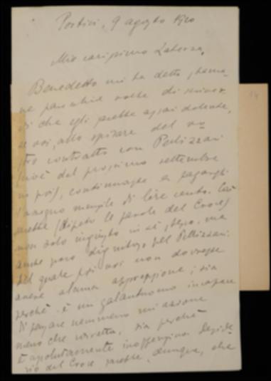 Nella lettera, Fausto Nicolini riferisce a Giovanni Laterza che Benedetto Croce lo invita a partire da settembre a cessare di corrispondere lo stipendio mensile ad Achille Pellizzari, compensandolo invece a volume; l'editore barese viene pregato di scrivere in merito direttamente al Croce. Si comunica poi che Vincenzo Spampanato spedirà a breve le bozze corrette per la revisione.