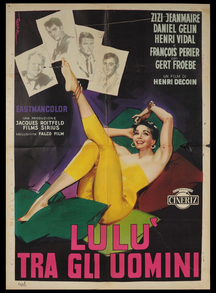 L'immagine riproduce uno dei manifesti conservati presso la Mediateca Regionale Pugliese (vedi Note). Si tratta del manifesto del film "Lulù tra gli uomini", a firma di Deseta (Enrico De Seta), disegnatore e pittore italiano, noto come fumettista per giornali satirico-umoristici e periodici per ragazzi e soprattutto per la sua produzione di illustrazioni cinematografiche. Rispettando i canoni stilistici, tipici dell'artista, e con un sapiente uso di colori a contrasto, la composizione grafica esalta la figura di Zizi Jeanmaire, splendida e raggiante nel suo look giallo intenso e vestita di un sorriso smagliante, per un risultato dal forte impatto comunicativo. Infatti i ritratti a matita sulla sinistra intepretano perfettamente il titolo e lo spirito della commedia fran...