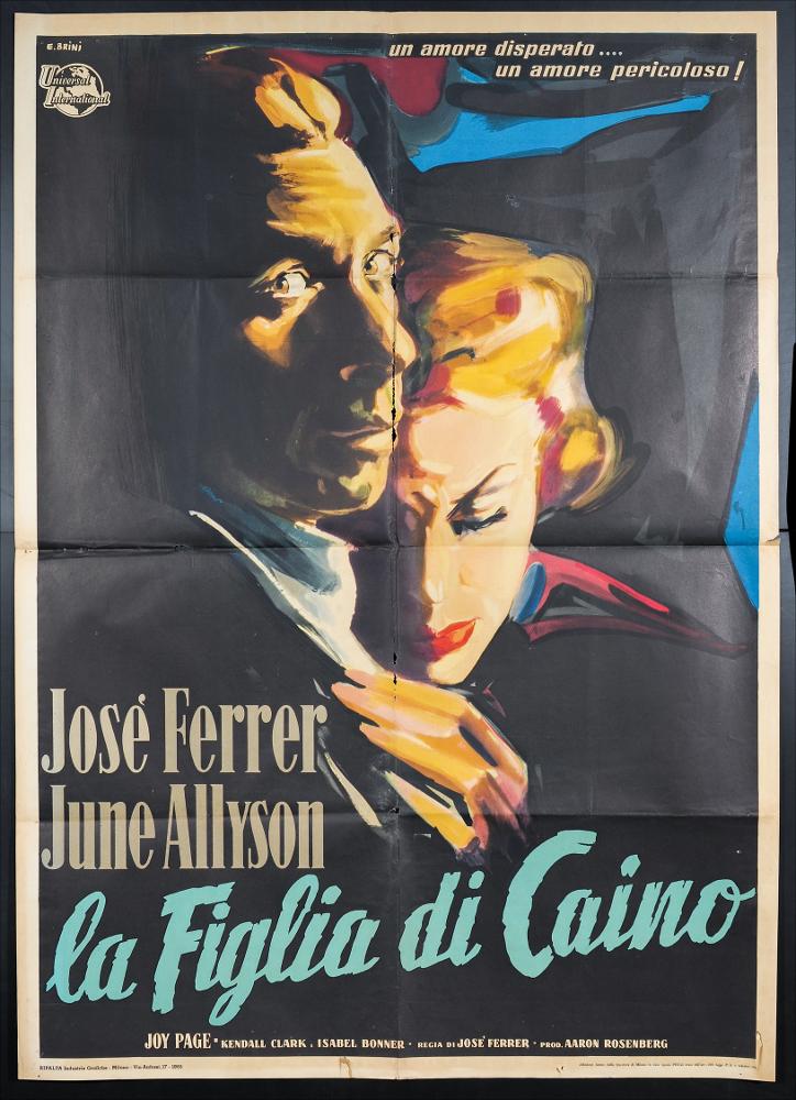 L'immagine riproduce uno dei manifesti conservati presso la Mediateca Regionale Pugliese (vedi Note). Si tratta del manifesto del film americano "La figlia di Caino", la cui illustrazione è a firma di Ercole Brini. È una composizione pittorica delicata ed evocativa, caratteristica che contraddistingue tutte le sue opere; Brini infatti prediligeva l'uso degli acquerelli, tecnica che gli permetteva di creare racconti in cui le figure si fondono al paesaggio, figure diverse si fondono una nell'altra, in atmosfere impalpabili e ricche di fascino. Con l'uso di pochi tratti e colori, Brini realizza un'opera carica di intensità: i ritratti di José Ferrer e June Allyson escono dal fondo nero appena delineati, eppure si mostrano così identificativi e affascinanti, simbolo di un ...