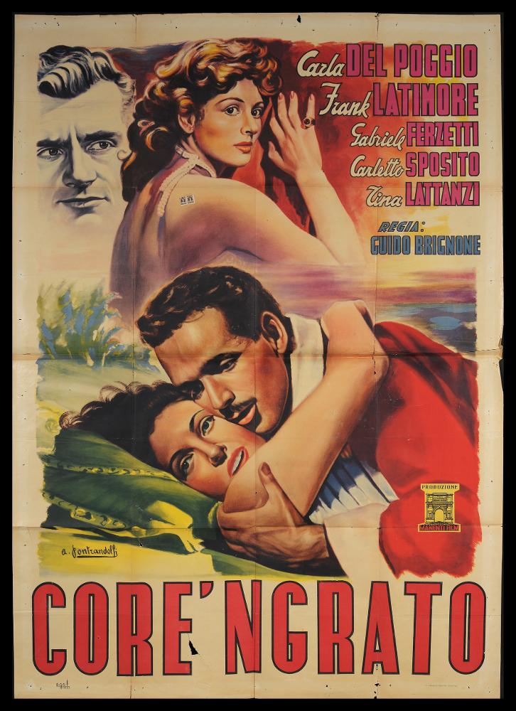 L'immagine riproduce uno dei manifesti conservati presso la Mediateca Regionale Pugliese (vedi Note). Si tratta del manifesto del film "Core 'ngrato", a firma di Pontrandolfi. Dell'artista non si hanno purtroppo notizie storicizzate, ma la composizione risulta di notevole pregio artistico. Pontradolfi si inserisce così tra gli artisti che fecero grande la pittura di cinema di quegli anni: una pittura morbida, con pennellate tonali e decise, colori caldi, un uso sapiente della luce, accentuando l'intensità di espressione, denotano una composizione ben curata e ricca di dettagli, oltre che interessante per i ritratti dei protagonisti....