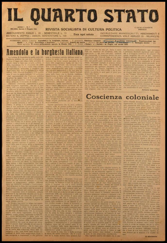 Il documento digitale è parte della collezione dell’emeroteca storica posseduta dall’Istituto pugliese per la storia dell’antifascismo e dell’Italia contemporanea di Bari (IPSAIC). Nello specifico la risorsa in oggetto riproduce il numero 7 del settimanale di attualità politica, fondato da Pietro Nenni e Carlo Rosselli, “Il Quarto Stato – Rivista socialista di cultura politica”, distribuito per un solo anno. Nel numero pubblicato l'8 maggio 1926 vi è un interessante contributo a firma Ulenspiegel, nome che subito riporta alla mente il burlone dei racconti popolari tedeschi, simboleggiante la rivolta rurale contro la cultura cittadina, protagonista dell'opera di Charles De Coster. Nell'articolo "I problemi del Mezzogiorno - Trasformazioni fondiarie" Ulenspiegel, forse To...