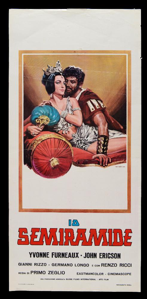 “Io, Semiramide” è un film storico del 1963 diretto da Primo Zeglio, su sceneggiatura di Fede Arnaud, Alberto Liberati e lo stesso Primo Zeglio. Nel cast ricordiamo Yvonne Furneaux, John Ericson, Renzo Ricci, Gianni Rizzo.
La locandina cinematografica è firmata dallo "Studio Paradiso - Piovano", studio grafico che firmò numerosi manifesti cinematografici. La scena ritrae i due amanti con una cura ritrattistica straordinaria. La teatralità dell'immagine rappresentata è enfatizzata dai colori sgargianti, dalla definizione dei particolari, dai giochi chiaroscurali intensi che danno plasticità alle figure.
La locandina originale è conservata nell’Archivio della Mediateca Regionale Pugliese....