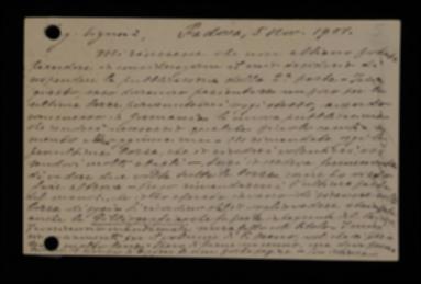 Nella cartolina, Aristide Baragiola si rammarica con Laterza che non si sia potuta sospendere la stampa del volume "Il canto popolare tedesco" per inserire le ultime integrazioni e lo avvisa che per completare la correzione delle bozze attende l'arrivo di un saggio dalla Germania.