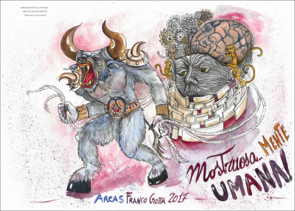 Con l'edizione 2017 il Carnevale di Putignano ha scelto come tema ispiratore per la realizzazione dei carri "la mostruosità".
L'Associazione Arcas, realizzatrice di quest'opera, invita a interrogarsi sulla questione: "La mente umana può generare mostri?” La risposta è affermativa perché l’uomo è capace di utili e geniali scoperte, di ampie visioni artistiche ma, nello stesso tempo, è persa nel labirinto meccanico dell’evoluzione. In questo meccanismo, innovazioni e invenzioni si ritorcono contro, imprigionando la mente umana in un percorso enigmatico di possibili o improbabili uscite. Omicidi, terrorismo, ingordigia, sete di potere. Sono tutte espressioni della follia che la mente umana può partorire nella sua forma degenerata e bestiale. Una mente entra in un labirinto...