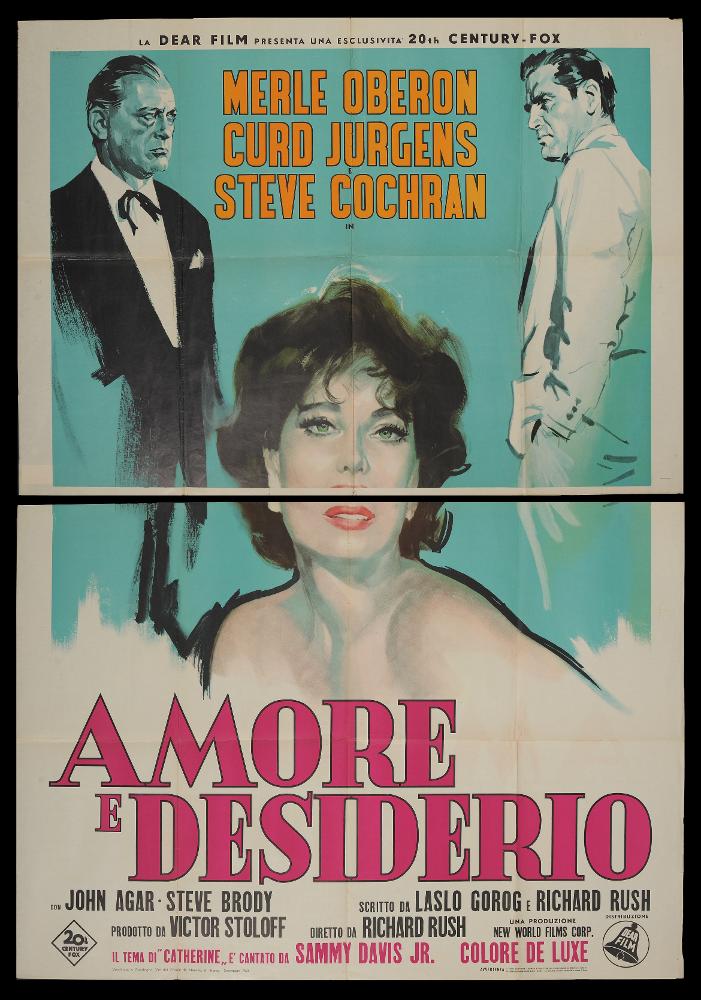 Amore e desiderio (Of Love and Desire) è un film drammatico statunitense del 1963 diretto da Richard Rush, su una sceneggiatura di László Görög e Richard Rush, con Merle Oberon, Steve Cochran e Curd Jürgens.
Il manifesto cinematografico è opera di Giuliano Nistri, celebre illustratore e pittore di cinema, nato a Roma nel 1929. Nei manifesti si rintraccia una vena drammatica caratteristica del suo stile: le tavole presentano un forte impatto visivo ottenuto dagli effetti chiaroscurali, i colori contrastati e gli effetti luministici che delineano le figure rispetto ad uno sfondo piatto allo scopo di farle emergere con pennellate forti e decise, proprio come vediamo in questa immagine.
Il manifesto originale è conservato nell’Archivio della Mediateca Regionale Pugliese ed ...