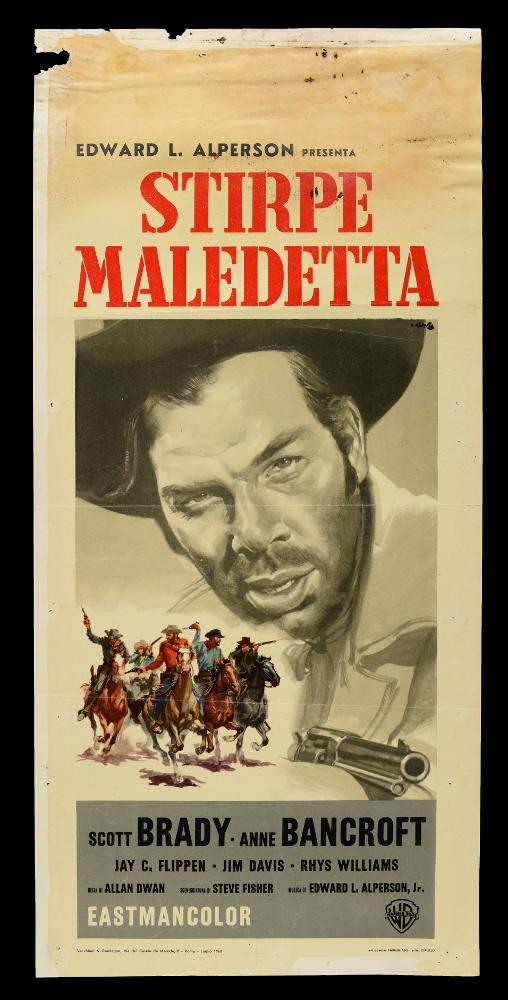 “Stirpe maledetta” (titolo originale “The Restless Breed”) è un film del 1957 diretto da Allan Dwan, su sceneggiatura di Steve Fisher. Tra i principali interpreti ricordiamo Scott Brady, Anne Bancroft, Jay C. Flippen e Jim Davis.
La locandina cinematografica è opera del celebre pittore di cinema Averardo Ciriello, milanese classe 1918. Il suo stile pittorico è colto, maturo, raffinato e le sue opere hanno una forte dinamicità narrativa. In questa immagine l’artista ritrae un grande primo piano del volto del protagonista con una cura ritrattistica straordinaria prediligendo il bianco-nero, mentre in basso a sinistra raffigura a colori vivaci un gruppo di pistoleri al galoppo, conferendo alla scena una forza singolare.
La locandina originale è conservata nell’Archivio del...
