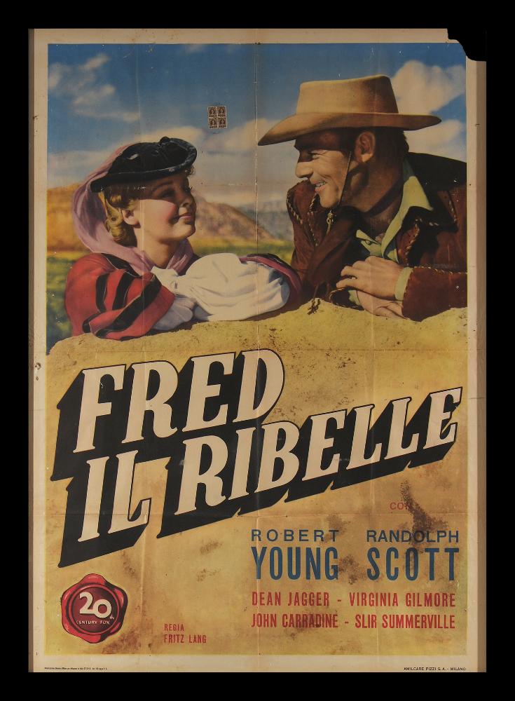 Manifesto con una grande fotografia dei due protagonisti: Virginia Gilmore e Randolph Scott.   Fred il ribelle (titolo originale: Western Union) è un film diretto nel 1941 da Fritz Lang. È il secondo western del regista dopo Il vendicatore di Jess il bandito (1940). Il manifesto originale è conservato nell’Archivio della Mediateca Regionale Pugliese....