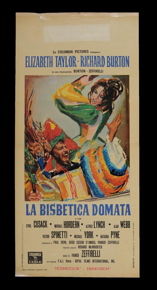 L'immagine riproduce uno dei manifesti conservati presso la Mediateca Regionale Pugliese (vedi Note). Si tratta della locandina del film del 1967 "La bisbetica domata", per la regia di Franco Zeffirelli, la cui illustrazione pittorica è a firma di Ercole Brini. È una composizione ricca di intensità pittorica ed espressione. Per le sue opere, Brini ha sempre prediletto l'uso degli acquerelli, tecnica che gli permetteva di creare racconti in cui le figure si fondono al paesaggio, figure diverse si fondono una nell'altra, in atmosfere impalpabili e ricche di fascino. Qui i colori e le pennellate vibranti rendono una narrazione ricca di dinamicità, in un'atmosfera popolare carica di teatralità. «Le composizioni di Brini si caratterizzano per modernità e scioltezza: l'artist...