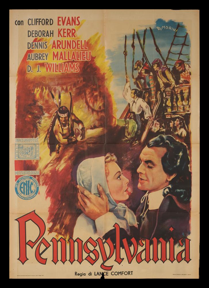 L'immagine riproduce uno dei manifesti conservati presso la Mediateca Regionale Pugliese (vedi Note). Si tratta nello specifico della composizione, a firma dell'illustratore B. Morini, del film “Pennsylvania” del 1941 per la regia di Lance Comfort. Il racconto per immagini risulta essere a più livelli, infatti è possibile riconoscere tre gruppi narrativi: due dividono idealmente e graficamente il foglio in due metà differenti anche nel colore dello sfondo. In un primo blocco, sulla destra è immortalato il gruppo di quaccheri fuggiti dall’Inghilterra per le persecuzioni religiose, probabilmente nel momento della vista del Nuovo Mondo, continente sognato; sulla sinistra gli indigeni a cavallo, avvolti nel fuoco della battaglia. In primo piano i volti dei due protagonisti ...
