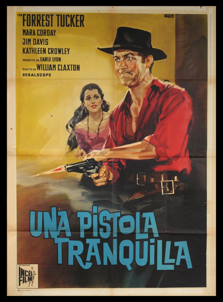 L'immagine riproduce uno dei manifesti conservati presso la Mediateca Regionale Pugliese (vedi Note). Si tratta di una delle versioni grafiche del manifesto del film "Una pistola tranquilla”, a firma dell’illustratore Bob Deseta. La composizione, fresca e moderna, dai colori accesi e sfumati, è narrativa. Gli attori Forrest Tucker e Mara Corday emergono da uno sfondo indefinito, dunque il racconto è affidato tutto al momento rappresentato, allo sparo improvviso della pistola che richiama anche un momento del film western americano, con un bell'effetto comunicativo....