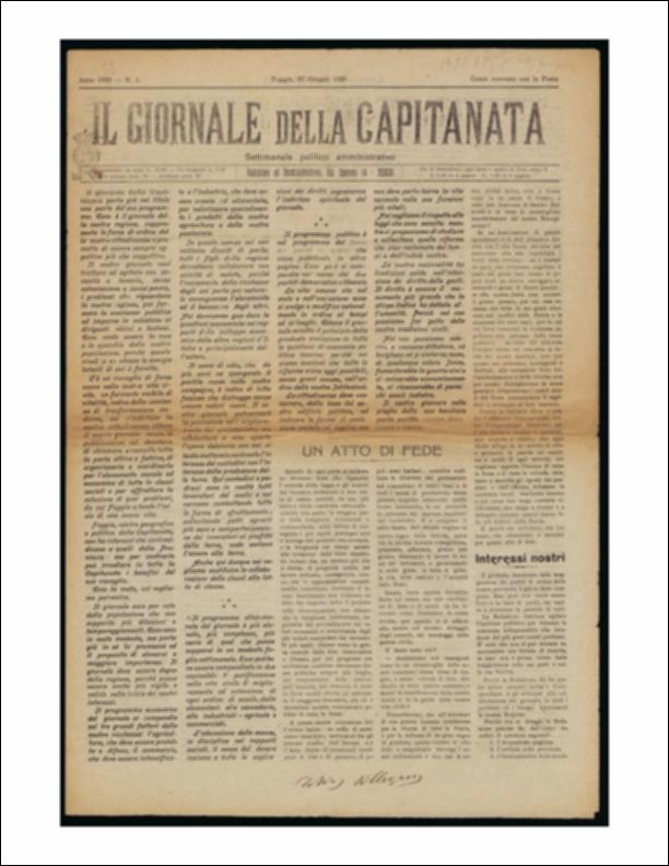 Il documento è parte della collezione del fondo libri digitalizzati della Biblioteca provinciale La Magna Capitana di Foggia, comprendente alcune monografie di diversi secoli e periodici del Novecento. Nello specifico si tratta del primo numero del periodico “Il Giornale della Capitanata - Settimanale politico amministrativo”, pubblicato il 27 giugno 1920. In prima pagina si ritrova il programma perseguito dal giornale: uno spazio nato per raccontare la Puglia, con particolare attenzione riservata alla Capitanata, necessario per analizzare le problematiche della regione, per contribuire alla formazione di una coscienza pubblica, per essere “la voce e lo specchio” della cittadinanza. Un periodico che si fa portavoce del senso di trasformazione e cambiamento verso la mode...