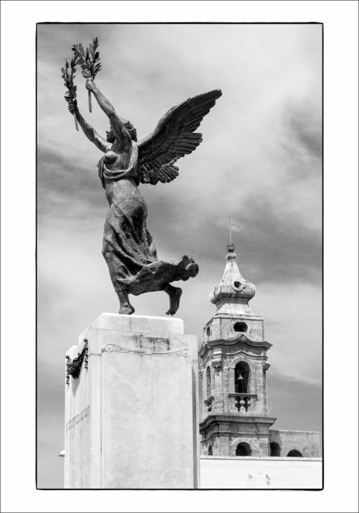 L'immagine è un dettaglio del Monumento ai Caduti di Casamassima, posizionato al centro di Piazza Aldo Moro. Realizzato a cippo dallo scultore Vitantonio De Bellis e inaugurato nel gennaio del 1923, fu rifatto negli anni '50 dopo aver eliminato il gruppo bronzeo, che originariamente era composto dalla statua della Vittoria e di quella del soldato morto, sostituito con la bella Vittoria alata in bronzo, armoniosa ed elegante nei suoi abiti all'antica, nell'atto di sorreggere una ghirlanda d'alloro, in onore dei valorosi combattenti in guerra; in seguito fu aggiunta anche la fiamma, sempre in bronzo, che accompagna i nomi incisi dei caduti. La fotografia è stata esposta nel Salone degli Affreschi del Palazzo Ateneo di Bari per la mostra fotografica “La memoria della Grand...