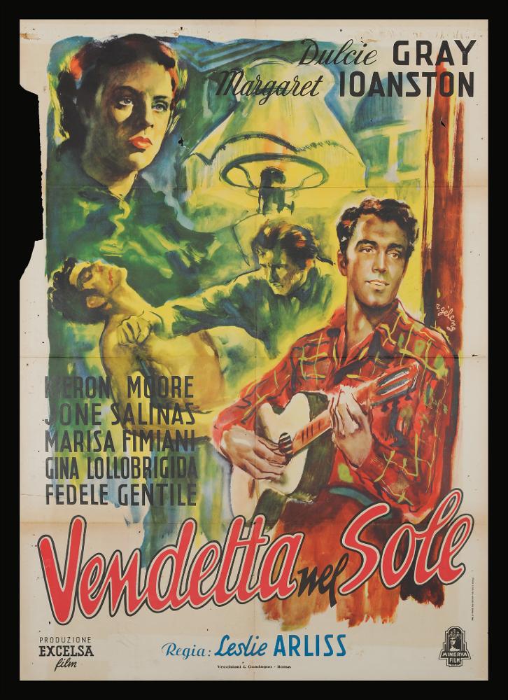 L'immagine riproduce uno dei manifesti conservati presso la Mediateca Regionale Pugliese (vedi Note). Si tratta di una delle versioni grafiche per il manifesto del film in bianco e nero “La vendetta nel sole" del 1947 per la regia di Leslie Arliss. La composizione grafica è a firma di Rinaldo Gèleng (R. Gèleng), illustratore romano che si ricorda come artista poliedrico ed eclettico. Classe 1920, dopo gli studi d'arte, visse e lavorò per molti anni a Parigi, poi a Milano dove realizzò una serie di copertine per Mondadori e infine a Roma, dove realizzò alcuni manifesti per i film di Fellini. Il suo stile fresco e pittorico è fatto di pennellate liquide e sfumate, con spunti grafici originali, composizioni personali, in cui rivela la sua dote di ritrattista. Gèleng anche ...