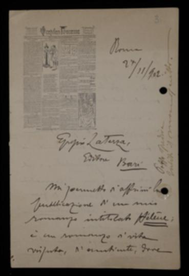 Nella lettera, Giovanni Amadori Virgilj raccomanda a Laterza la pubblicazione del romanzo "Hélene" di Enrico Corradi postillando una cartolina da costui inviata all'editore.
