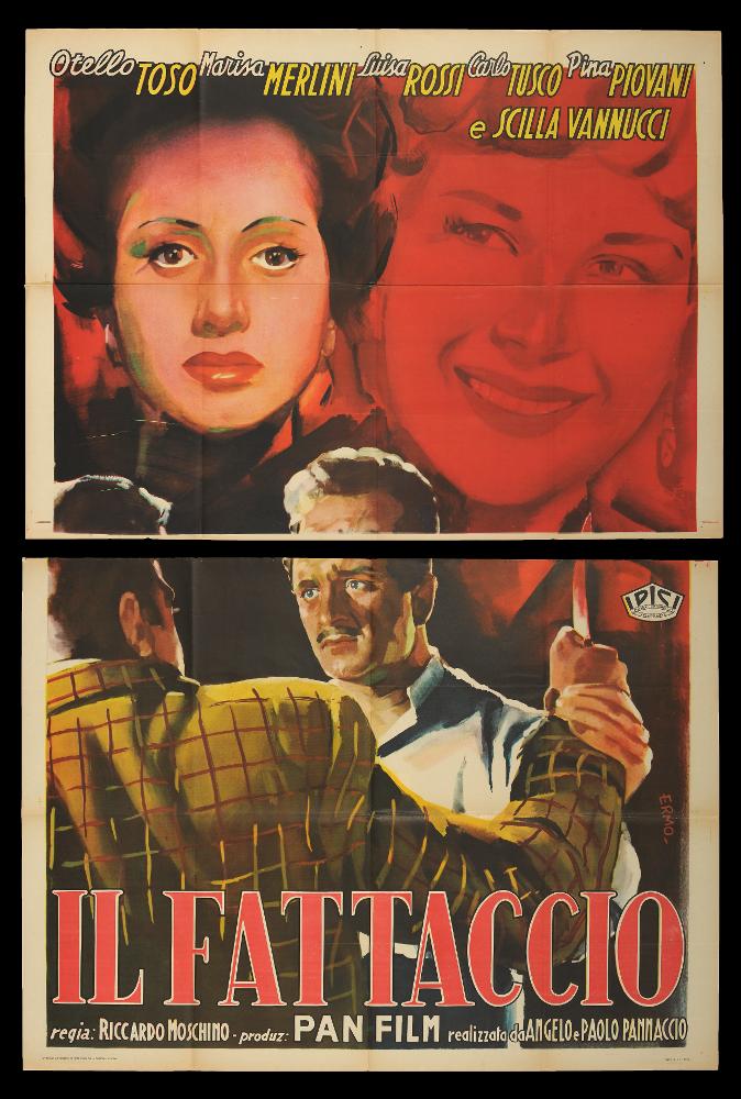 L'immagine riproduce uno dei manifesti conservati presso la Mediateca Regionale Pugliese (vedi Note). Si tratta di una delle versioni grafiche del manifesto del film drammatico “Il fattaccio” (o "Er fattaccio"), a firma di Ermo. Dell’illustratore non si hanno notizie, ma Ermo dimostra una sapiente abilità tecnica, pittorica e uno stile raffinato. La composizione è molto moderna e d'impatto: ci sono più momenti narrativi che si fondono tra loro, il ritratto rosso sullo sfondo amalgama tutto l'insieme conferendogli la giusta drammaticità. Anche in altre composizioni, Ermo usa pochi colori netti (il verde, il giallo e soprattutto il rosso) e armoniosamente ben distribuiti per un risultato molto intenso. Il manifesto originale è conservato in due parti, come si evince dalla...