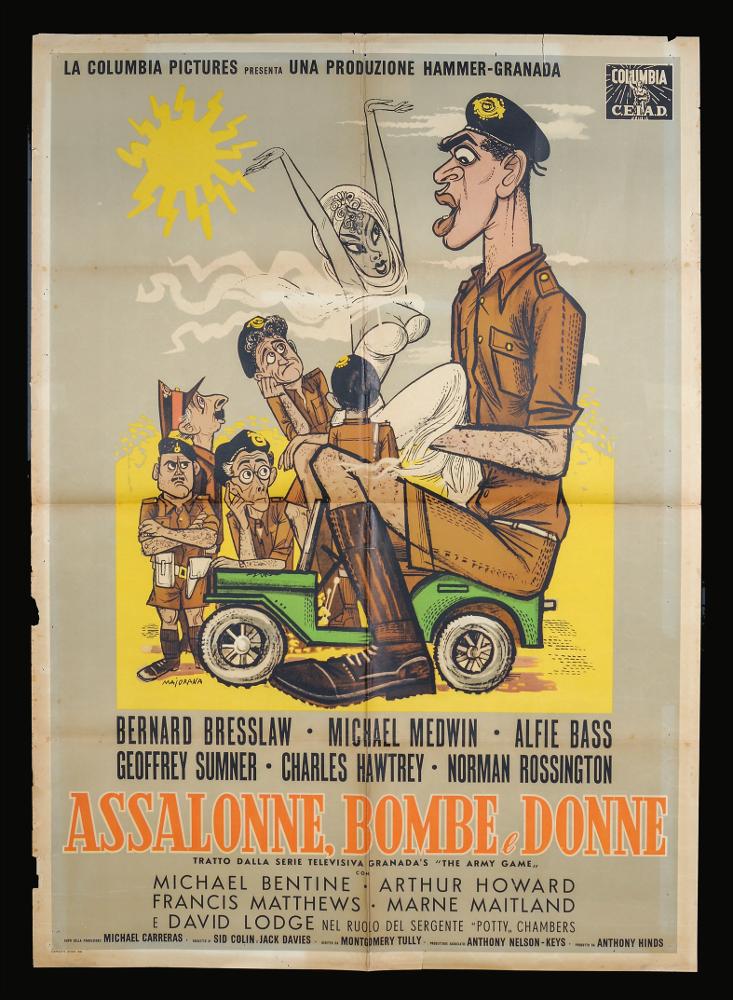 Assalonne, bombe e donne (titolo originale: Only Arsked!) è un film commedia britannico del 1958 diretto da Montgomery Tully e interpretato da Bernard Bresslaw, Michael Medwin e Alfie Bass. Era basato sulla serie televisiva "The Army Game" e fu prodotto dalla Hammer Films. Il manifesto è firmato da Maiorana (Majorana) che con uno stile grafico fumettistico rappresenta le sventurate reclute che vengono assegnate in Medio Oriente. Il manifesto originale è conservato nell’Archivio della Mediateca Regionale Pugliese.
...