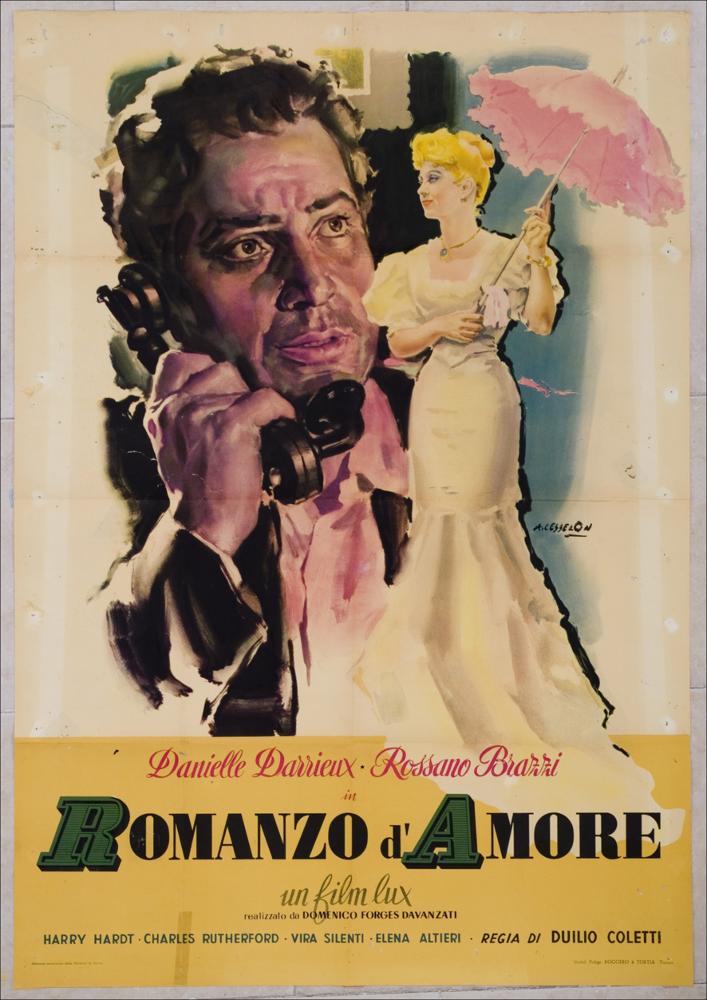 L'immagine riproduce uno dei manifesti conservati presso la Mediateca Regionale Pugliese, esaminati in "Cinema al muro: Angelo Cesselon" (vedi Note). Di impostazione completamente diversa dal precedente, è un manifesto in cui, alla romanticità dell'immagine, subentra la drammaticità espressa dal volto del protagonista, un uomo quasi trascurato e preoccupato al pensiero e nel tentativo di entrare in contatto con la sua bella Principessa. La figura di quest'ultima risalta, invece, per l'accuratezza dell'abito elegante e di un ombrellino descritto nei minimi particolari. In questo manifesto non compaiono i tipici colori blu e rosso cui ci ha abituati Cesselon, anche se del blu e del rosso appaiono - comunque - sfumati accenni nei contorni e nella figura del protagonista....