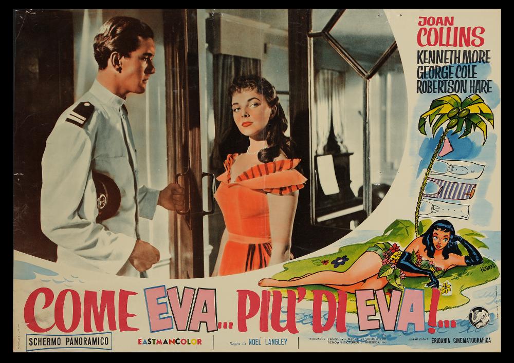 L'immagine riproduce uno dei manifesti conservati presso la Mediateca Regionale Pugliese (vedi Note). Si tratta di una delle fotobuste del film "Come Eva... più di Eva", in cui appare una illustrazione di Kremos. Nome d'arte di Niso Ramponi, fu un disegnatore dalle qualità eccezionali; seppe contraddistinguersi per il suo stile fumettistico che esaltava la donna, con forme sensuali volutamente accentuate, in pieno stile pin-up. Non a caso, fu ironicamente soprannominato il "Sovrano di donnine" de Il Travaso, uno dei più popolari giornali umoristici italiani del Novecento. La collaborazione con il giornale iniziò nel 1948 e le sue figure femminili in copertina portarono ad un aumento notevole delle tirature. Riconoscibili, le donne di Kremos sono affascinanti e procaci, ...