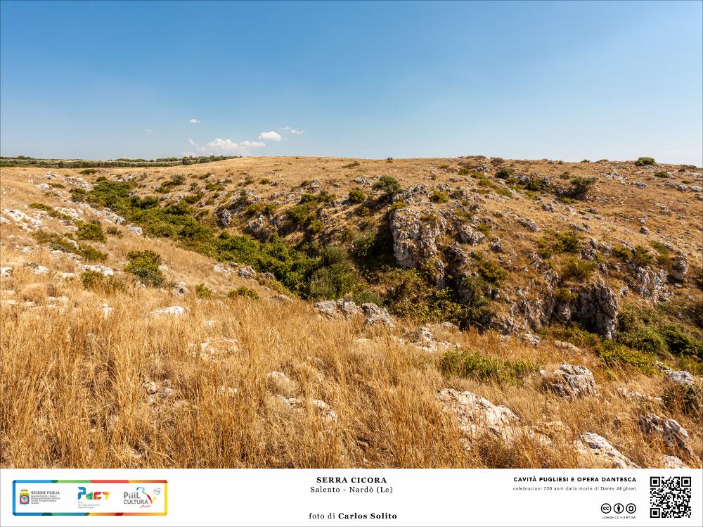 Serra Cicora e la sua terra brulla e afosa. Tra la roccia e gli arbusti si nasconde una tipica “vora”.
Siamo nell’entroterra salentino, dove la roccia calcarea ha preso da millenni il sopravvento e il verde quasi stenta a crescere. Nel paesaggio impervio tipico delle serre fanno capolino qua e là le "vore", tipiche voragini e inghiottitoi, piccole bocche che permettono alla terra più profonda di respirare.
L’immagine digitale fa parte della raccolta di fotografie prodotte da Carlos Solito per il Progetto digitale “Sillabario sotterraneo – Viaggio dantesco nelle Grotte di Puglia” – realizzato nell’ambito della LEGGE REGIONALE 30 dicembre 2020, n. 35 - art. 39 “Cavità pugliesi e opera dantesca - Celebrazioni 700 anni dalla morte di Dante Alighieri”.