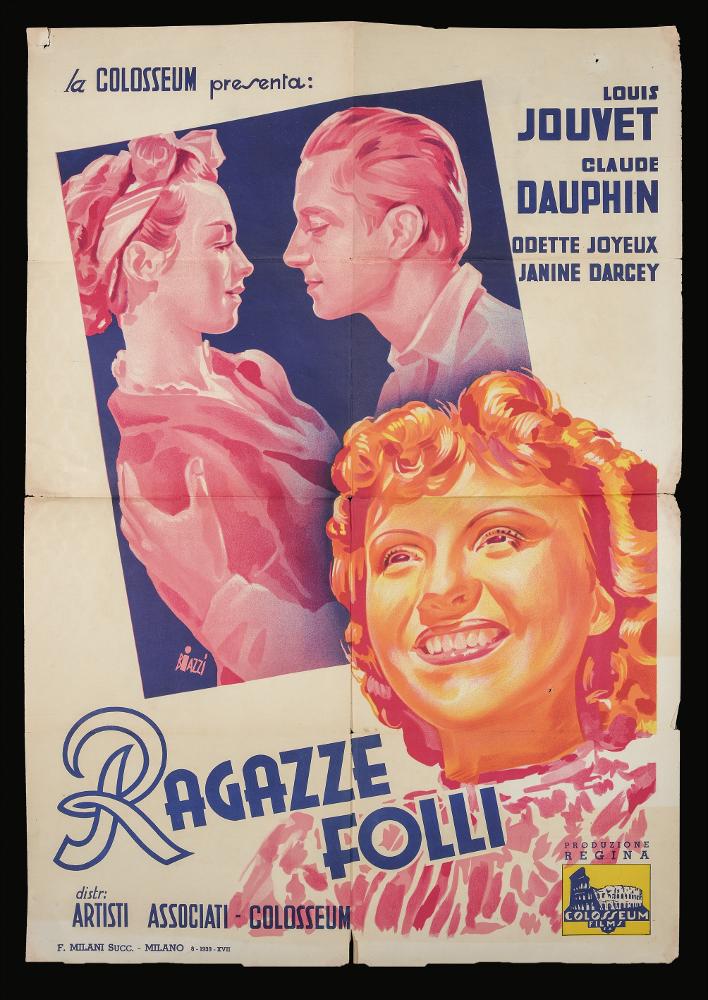 L'immagine riproduce uno dei manifesti conservati presso la Mediateca Regionale Pugliese (vedi Note). Si tratta di uno dei manifesti del film in bianco e nero “Ragazze folli” del 1938 per la regia di Marc Allégret. La firma che si legge è dell’illustratore milanese Biazzi Sandro (Biazzi) riconoscibile per la prima delle due “i” in grassetto. Ingegno poliedrico, fu pittore, scultore, xilografo, acquafortista, scenografo e studiò all’Accademia di Brera a Milano con Adolfo Wildt. Si distinse anche nell’editoria artistica, fondando e dirigendo le riviste settoriali “Il Poligono” e “Il 900 Italiano” e divenne direttore generale artistico de “Italia”. Biazzi in questo manifesto inserisce soltanto i tre protagonisti principali, utilizzando solo tre colori in maniera alternata:...